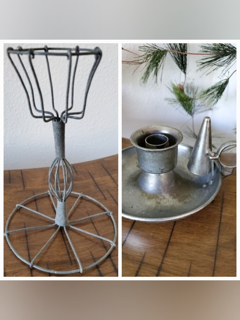 Vintage Primitive Wire Candlestick & Pewter Chamberstick Candle Holder Set